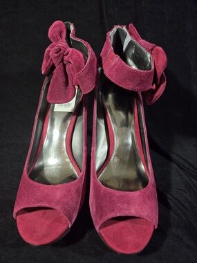Carlos Santana Libation Wine Suede Peep-Toe Ankle Strap Heels with Bow